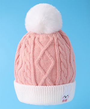 Babyhug Woollen Cap with Cable Knit Design & Pom Pom Detailing - Pink