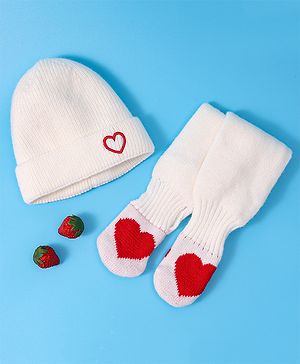 Babyhug Woollen Cap & Muffler Set with Heart Design - White