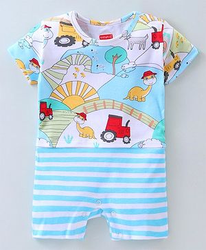 Babyhug 100% Cotton Knit Half Sleeves Striped & Dino Printed Romper - Blue & White