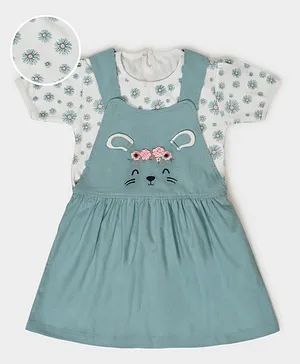 Mi Arcus  100% Cotton Half Sleeves Flower Printed Tee  With Dungaree Style Dress - Green