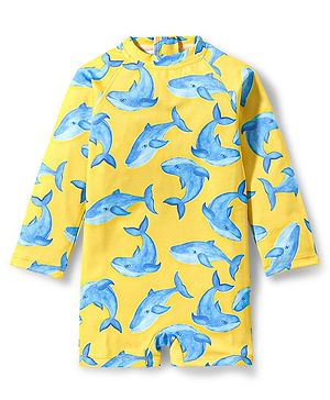 Babyhug Full Sleeves Legged Swimsuit Dolphin Print - Yellow