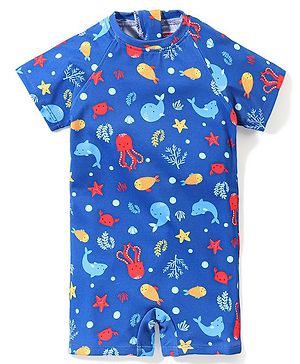 Babyhug Half Sleeves Legged Swimsuit Sea Life Print - Blue