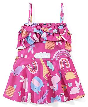 Babyhug Sleeveless Cross Back Animals Printed Frock Style Swimsuit - Purple
