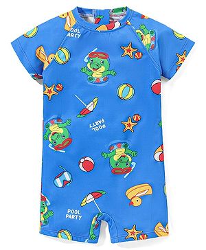 Babyhug Raglan Half Sleeves Crocodile Printed Legged Swimsuit - Blue