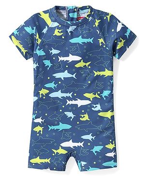 Babyhug Half Sleeves Legged Swimsuit with Shark Print -  Navy Blue