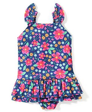 Babyhug Sleeveless Frock Style Swimsuit Floral Print - Navy Blue