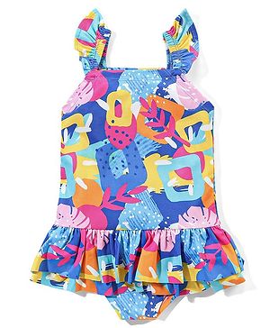 Babyhug Sleeveless Frock Style Swimsuit With Frill Abstract Print - Multicolour