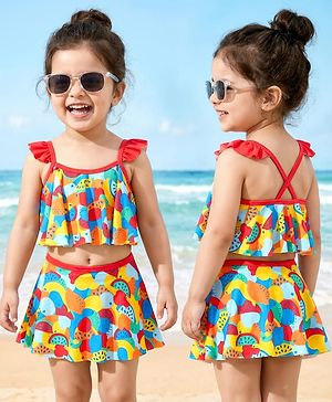 Babyhug Sleeveless  Two Piece Swimsuit with Fruit Print - Multicolour