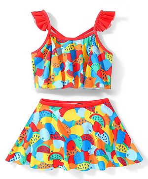 Babyhug Sleeveless  Two Piece Swimsuit with Fruit Print - Multicolour