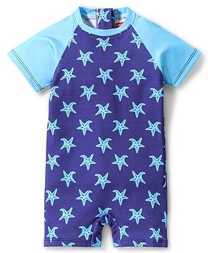 Babyhug Raglan Sleeves Legged Swimsuit Starfish Print - Navy Blue