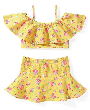 Babyhug Cold Shoulder Sleeves  Two Piece Swim Suit with Floral Print - Yellow