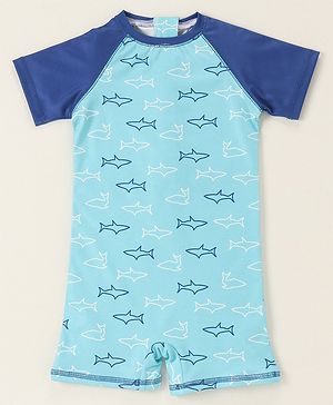 Babyhug Half Sleeves Legged Swimsuit Star Fish Print -  Blue