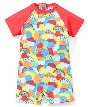 Babyhug Half Sleeves Legged Swimsuit Fruit Print -  Multicolour