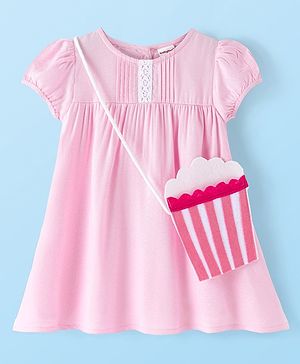 Babyhug Viscose Cotton Woven Half Sleeves Frock with Pleated Detailing & Sling Bag - Pink