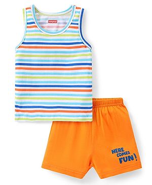 Babyhug 100% Cotton Knit Sleeveless Striped Sando & Shorts Set - Multicolour