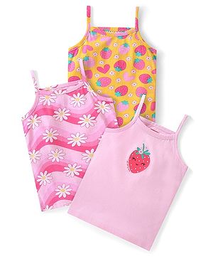 Babyhug 100% Cotton Sleeveless Slips Floral Hearts & Fruits Print Pack of 3 - Pink & Orange