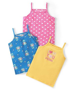 Babyhug 100% Cotton Knit Sleevless Slips Floral  Polka Dots & Text Print Pack of 3 - Multicolour