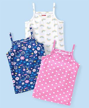 Babyhug 100% Cotton Sleeveless Slips With Floral & Rainbow Print Pack Of 3 - White Pink & Navy Blue