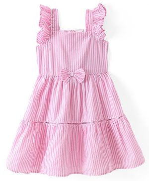 Babyhug Cotton Woven Frill Sleeves Frock with Bow Applique & Stripes - Pink