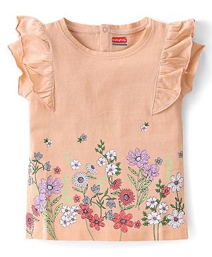 Babyhug Cotton Knit Half Sleeves  T-Shirt with Frill Detailing & Floral Graphic - Pink