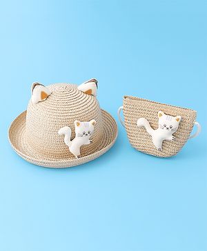 Babyhug Straw Hat With cat Applique and Hand Bag - Beige