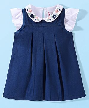 Babyhug Velour Woven Frill Sleeves Peter Pan Collar Floral Embroidered  T-Shirt With A-Line Pleated Frock - Blue