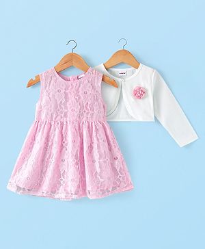 Babyhug Woven Frock with Three Fourth Sleeves Jacket Floral Applique - White & Pink