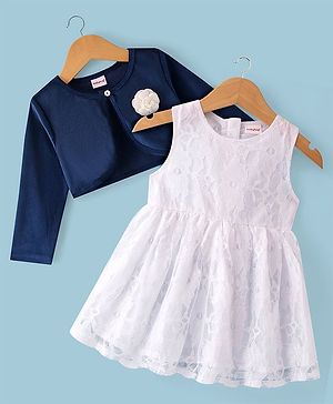 Babyhug Woven Frock with Three Fourth Sleeves Jacket Floral Applique - Navy Blue