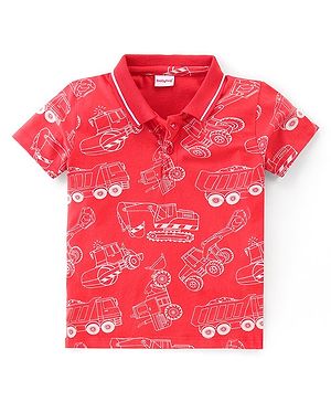 Babyhug Cotton Knit Half Sleeves Polo T-Shirt With Vehicles Print - Red