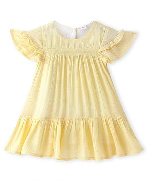 Babyhug Viscose Cotton Half Sleeves Drop Waist Frock with Embellishment - Yellow