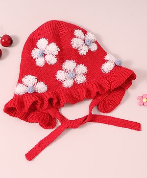 Babyhug  Floral Design Woollen Cap - Red