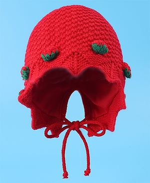 Babyhug Woolen Cap With Strawberry Applique - Red
