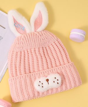 Babyhug Woollen Cap with Rabbit Ear Applique - Pink