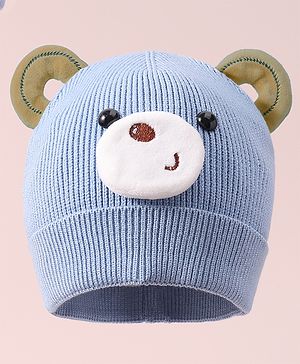 Babyhug Woollen Cap with Teddy Bear Applique - Blue
