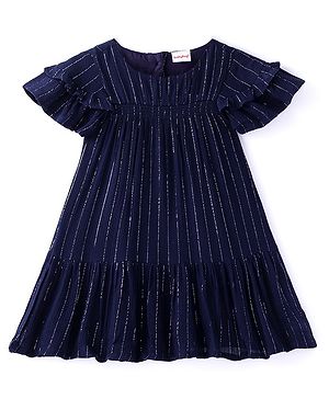 Babyhug 100% Viscose Woven Half Sleeves Embellished Striped Frock - Navy Blue