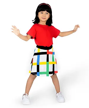 Plan B Cotton Half Sleeves Solid Tee & Checked Skirt Set - Multi Colour