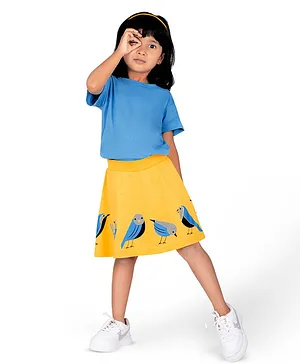 Plan B Cotton Half Sleeves Solid Tee & Songbird Printed Skirt Set - Multi Colour