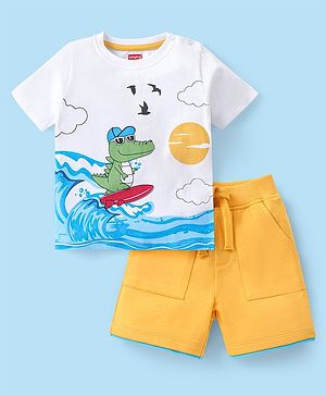 Babyhug 100% Cotton Knit Single Jersey Half Sleeves T-Shirt & Shorts With Crocodile Print - White & Yellow