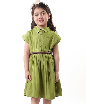 Babyhug Rayon Woven Sleeveless Solid Color Frock With Belt - Multicolor