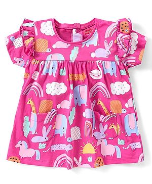 Babyhug Cotton A-Line Half Sleeves Top With Frills & Front Pocket Animals Print - Fuchsia