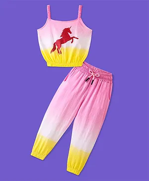 Ollington St. 100% Cotton Ombre Dyed Co-Ord Set of Sleeveless Top with Unicorn Print & Joggers - Multicolour
