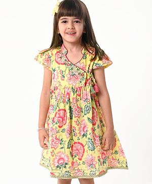 Babyhug Cotton Cambric Woven Cap Sleeves Embroidered Dress with Floral Print - Yellow