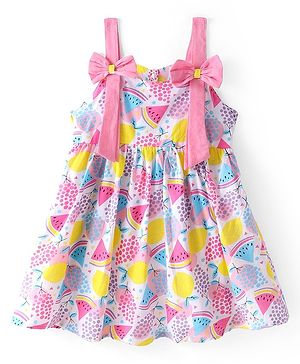 Babyhug Cambric Woven Sleeveless Frock Fruits Print and Bow Applique Pink (Bow Colour May Vary)