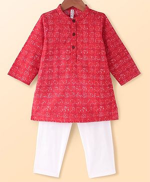 Babyhug Cambric Woven Full Sleeves Kurta Pyjama Set with Leaves Print - Red