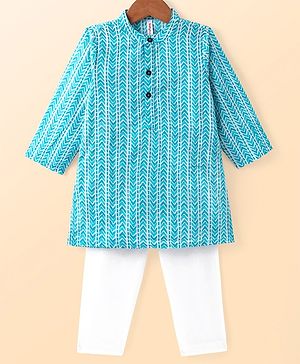 Babyhug Cambric Woven Full Sleeves Kurta Pyjama Set with Chevron Print - Blue