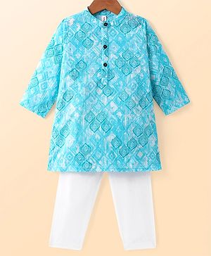 Babyhug Cambric Woven Full Sleeves Printed Kurta Pyjama Set - Blue
