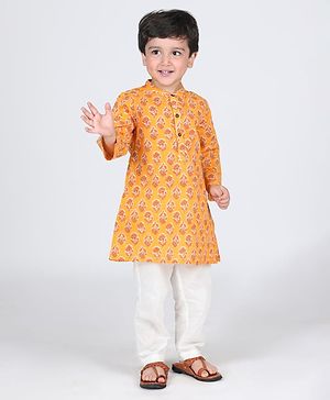Babyhug Cotton Woven Cambric Full Sleeves Kurta Pyjama Set Floral Print - Yellow