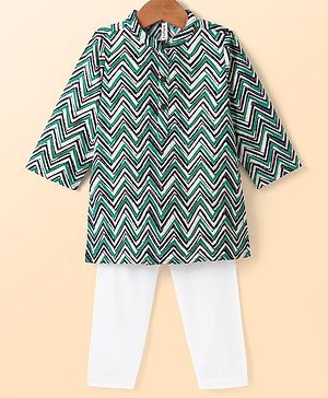 Babyhug Cotton Woven Cambric Full Sleeves Kurta With Pyjama Set Chevron Print - Green