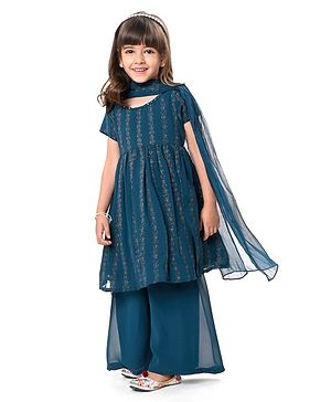 Babyhug Woven Half Sleeves Foil Printed Kurta & Sharara Set with Dupatta - Teal Blue