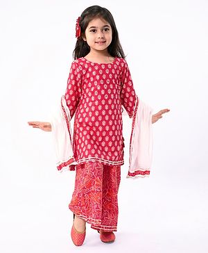 Babyhug Cotton Cambric Three Fourth Sleeves Kurti Palazzo Set with  Dupatta Floral Print - Red